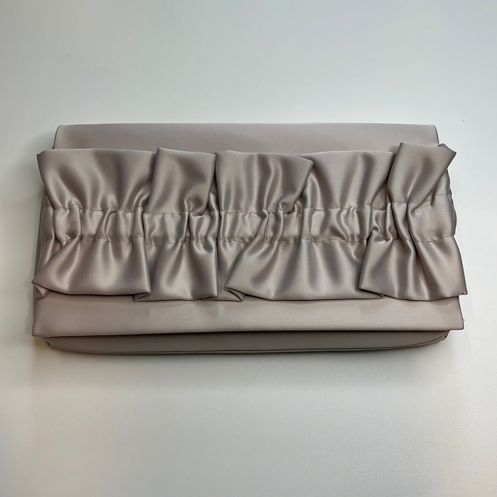 Adrianna Papell Champagne Ruffle Crossbody Clutch w/ Ivory Beaded Strap, NWB!